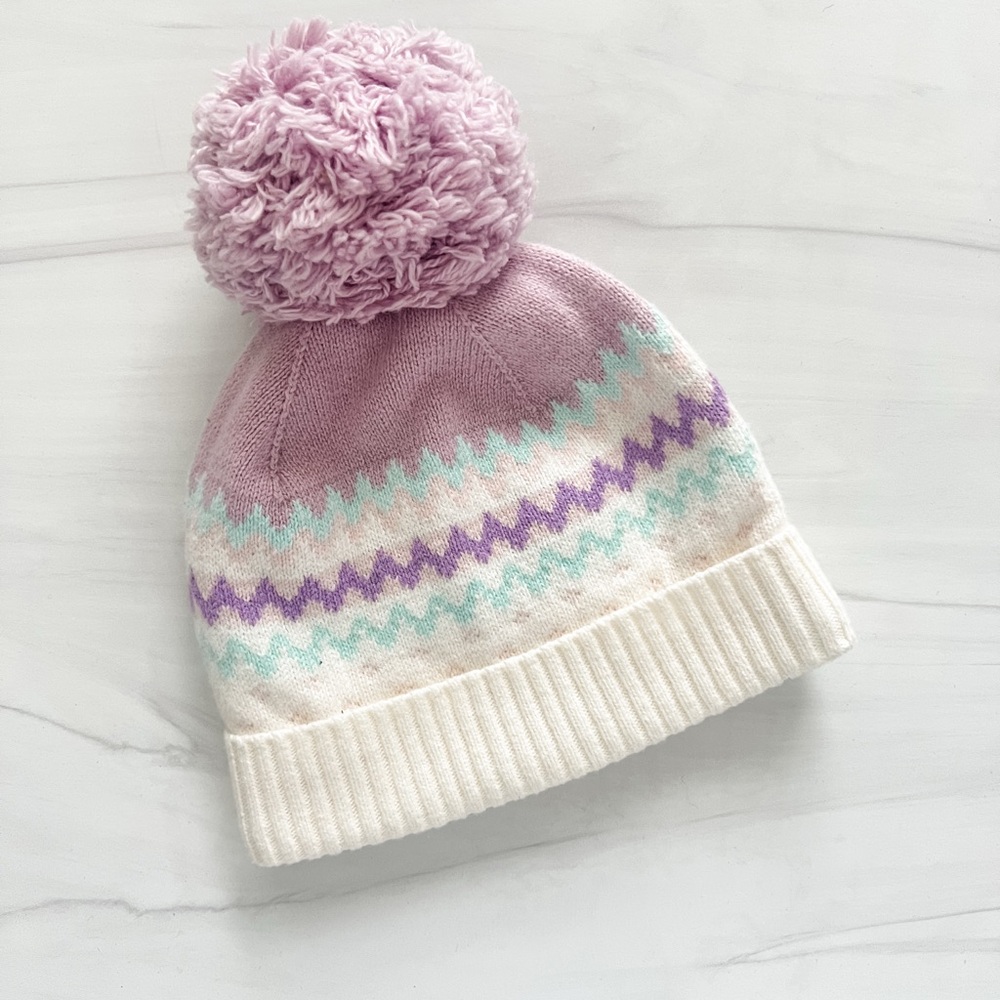 NWT! Janie and Jack Kids Pom-Pom Beanie - Purple and Cream Size 0-6 Months
